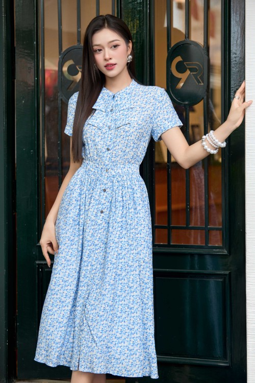 Sixdo Blue Floral Woven Flared Dress